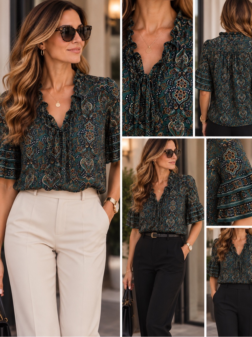 Max Studio Green Paisley Ruffle Neck Blouse